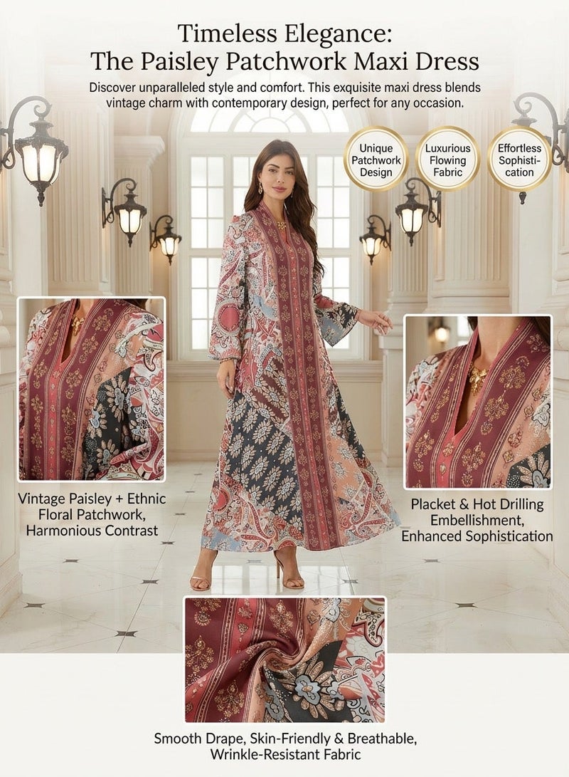 MS MIN Paisley Ethnic Print Abaya, V-Neck Loose Fit Breathable Maxi Dress with Rhinestone Detail, Casual Jalabiya for Home & Outing - Image 4